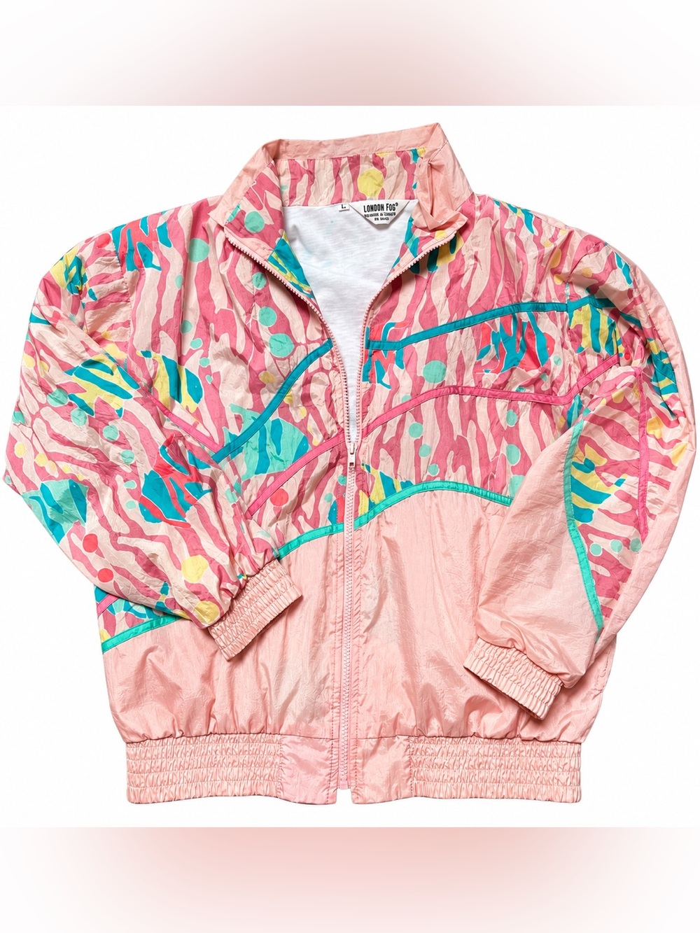 Vintage London Fog 80s 90s Pastel Pink Abstract Windbreaker Jacket Size L